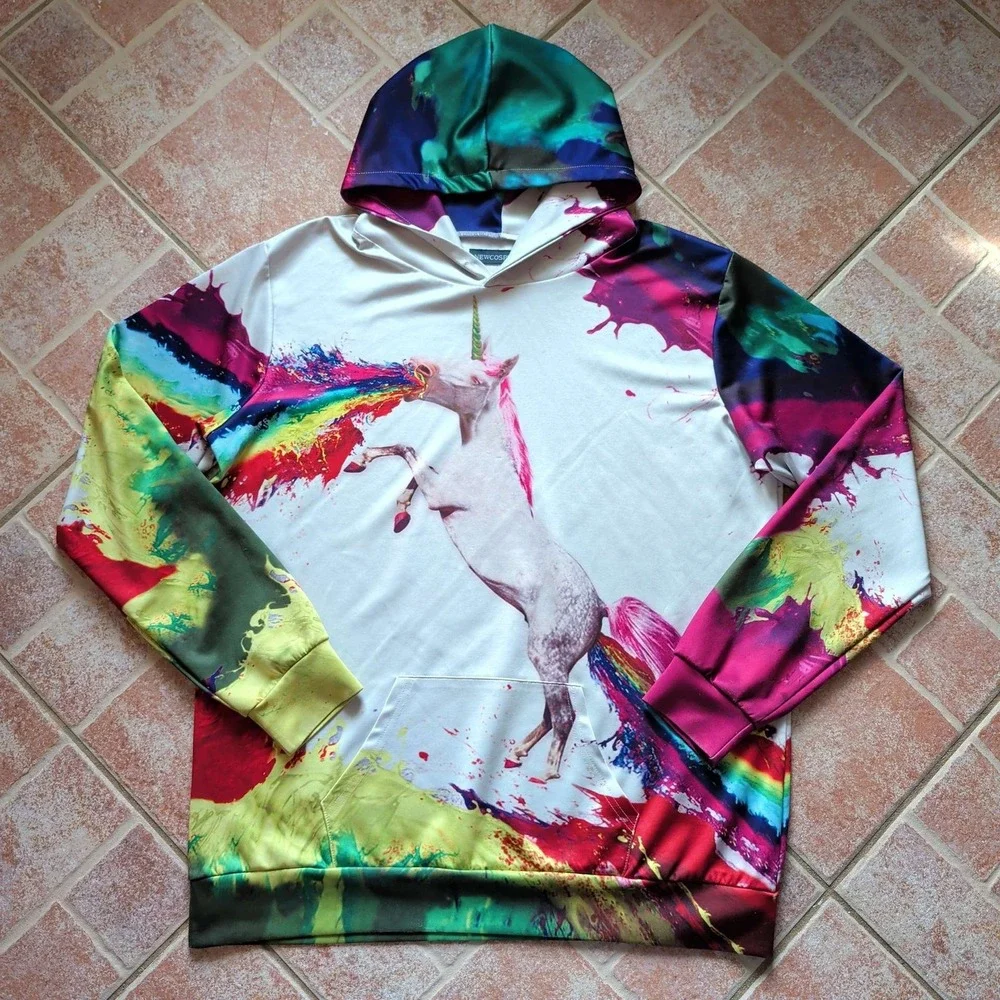 Newcosplay Hoodie Mens XXL/XXXL‎ White Rainbow Vomiting Unicorn Paint Splatter